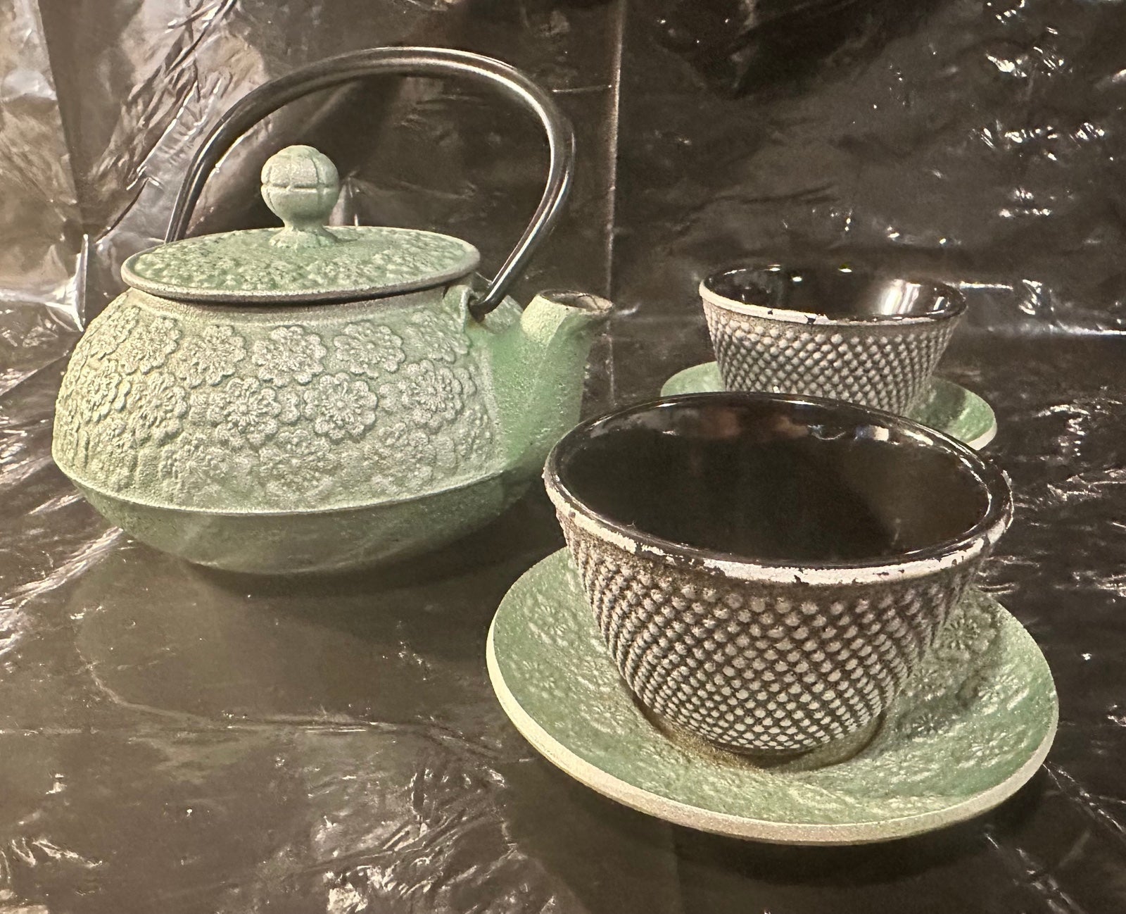 Vintage Teavana Cast Iron Green Floral Teapot - Made in Japan