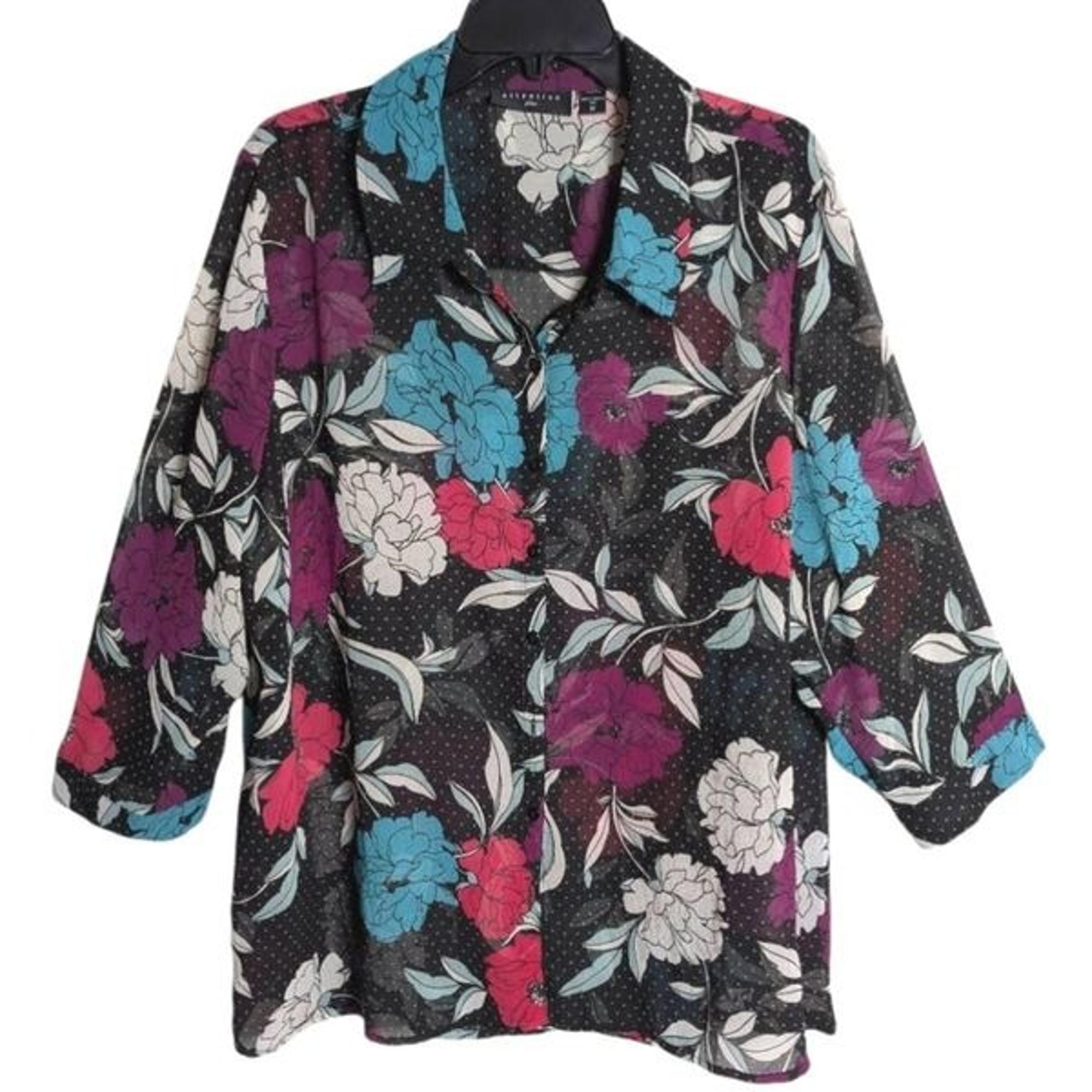 Attention Sheer Black Floral Polka Dot Pink Teal Blue Blouse Top 2X