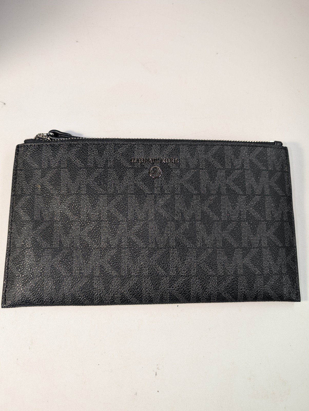 Michael Kors~Black/Gray Jet Set Signature PVC Large Top Zip Wristlet Clutch~EUC
