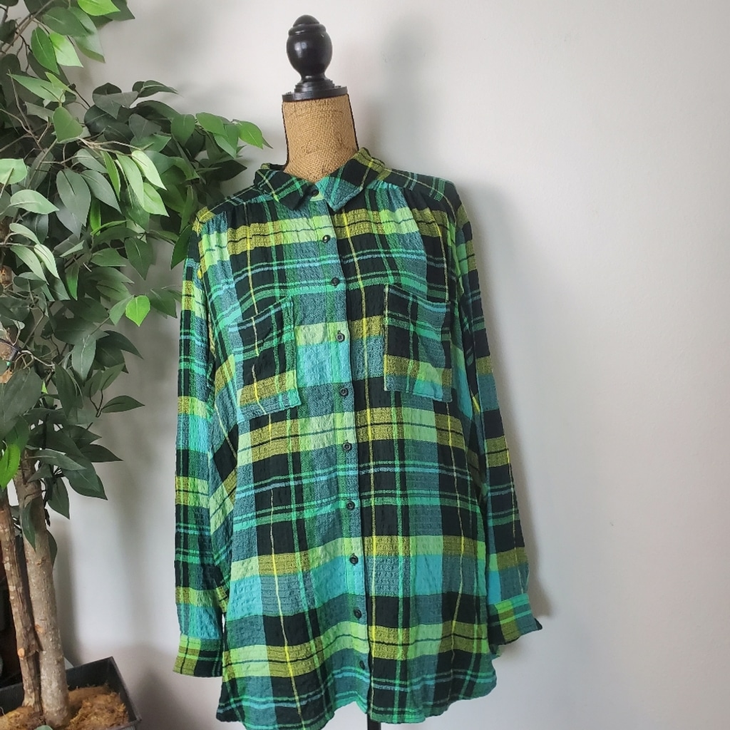 Anthropologie Pilcro Lime Green & Blue Plaid Button-Up Shirt Womens Size 2XL