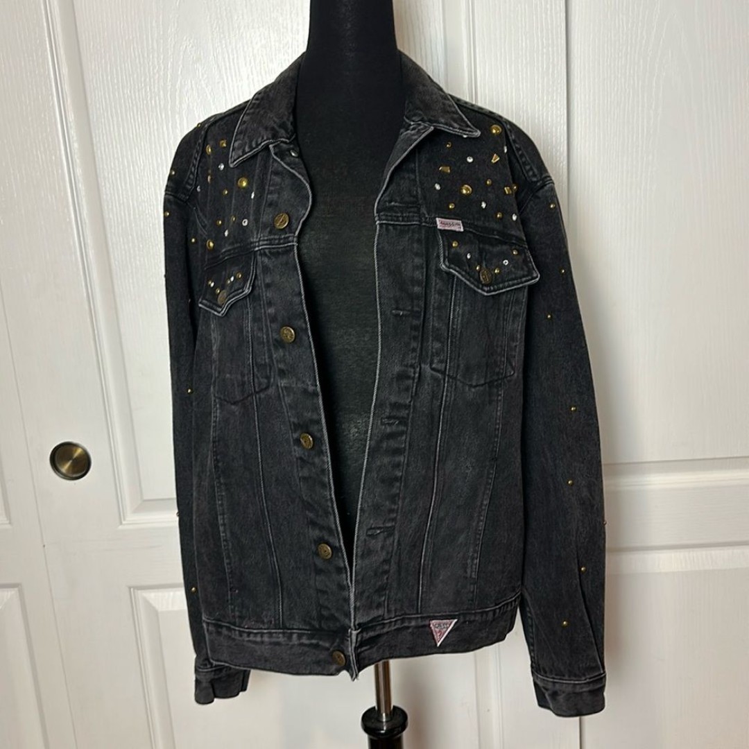 80s VTG GUESS BLACK DENIM RHINESTONE STUDDED JACKET