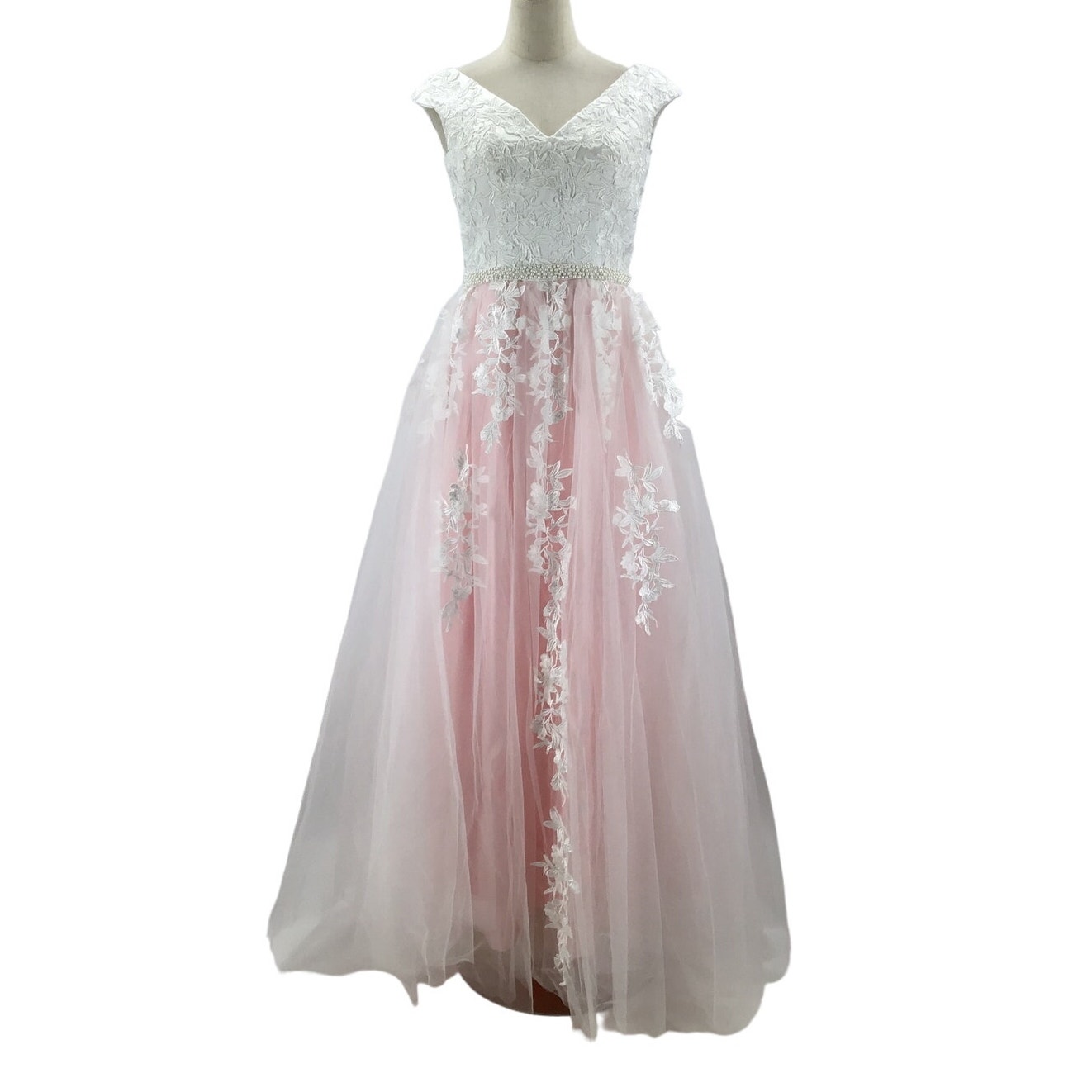 FORMAL 4 S White Pink Floral V-Neck Sleeveless Wedding Maxi Gown Dress new 0B2