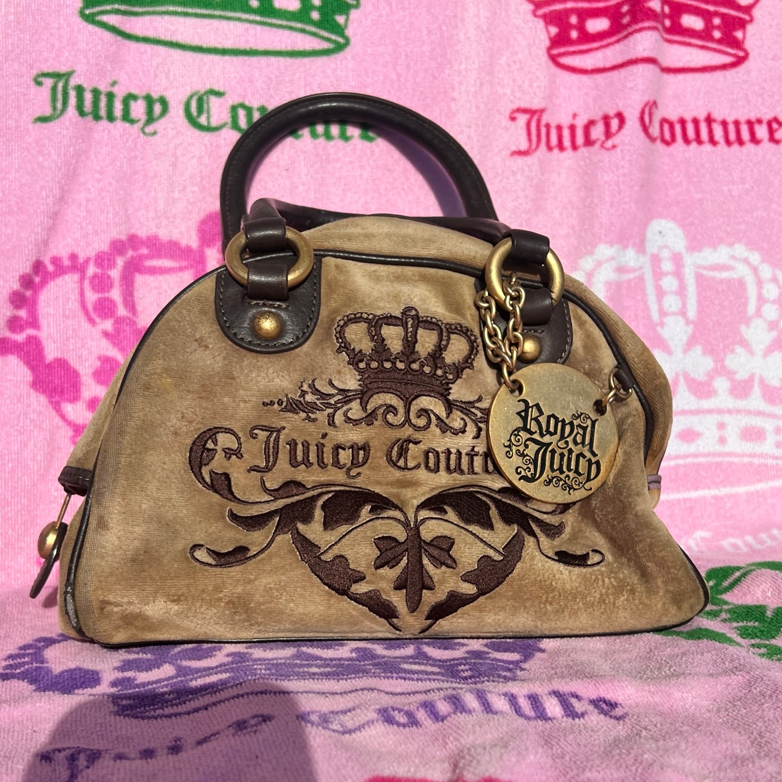 Vintage Brown Tan Juicy Couture Purse Bowler Bag Handbag Satchel Y2K Velour