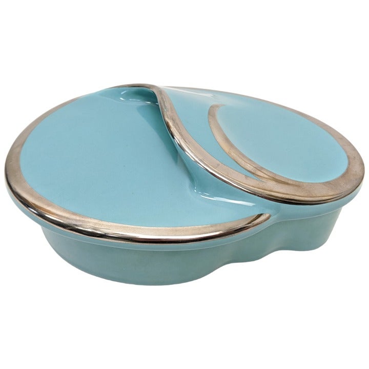 Ever Art Pottery Candy Vanity Dish Aqua Blue Silver Tone Vtg Mid Century 1940s