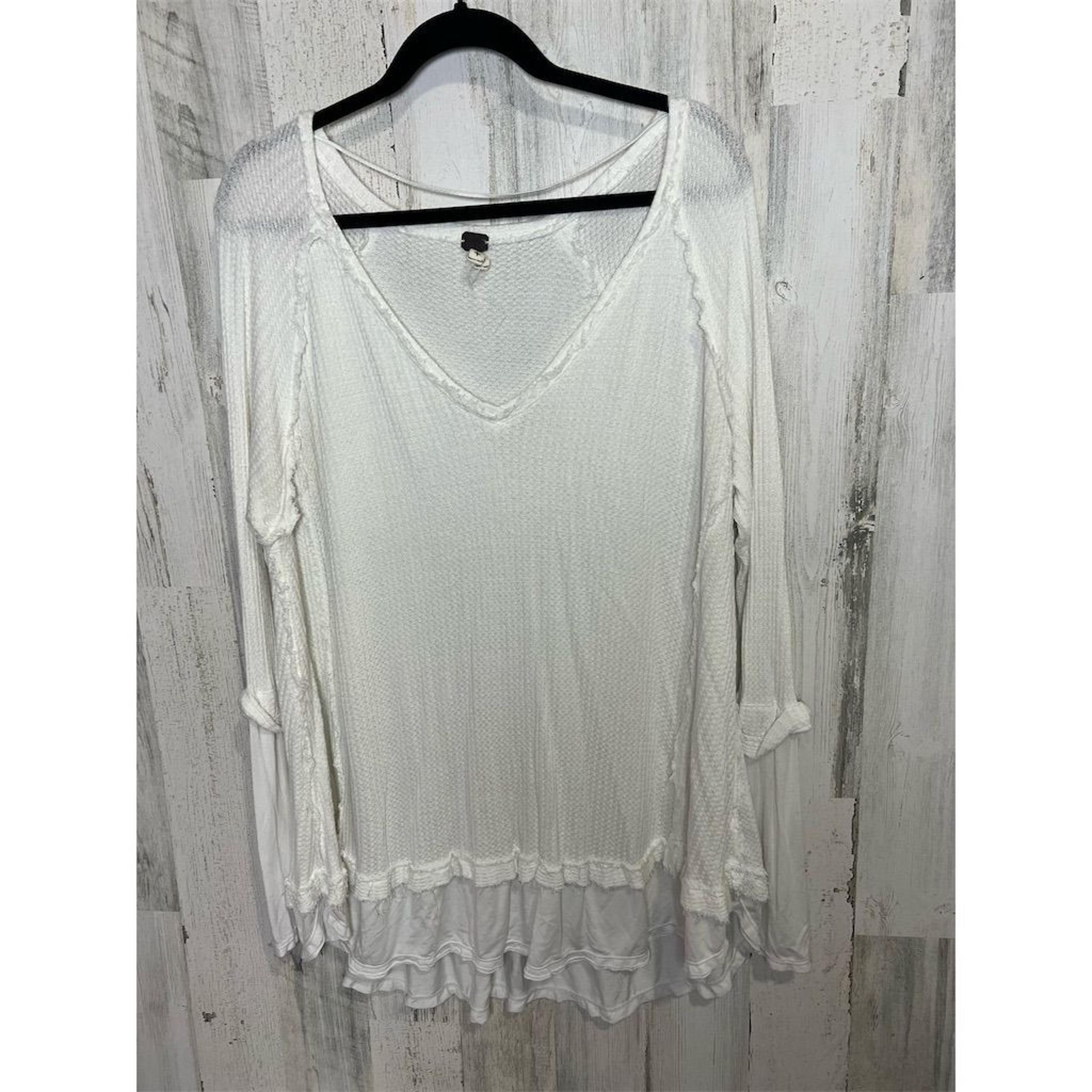 Free People Women's Oversized Knit Top White V-Neck Fringe Size L Casual Boho