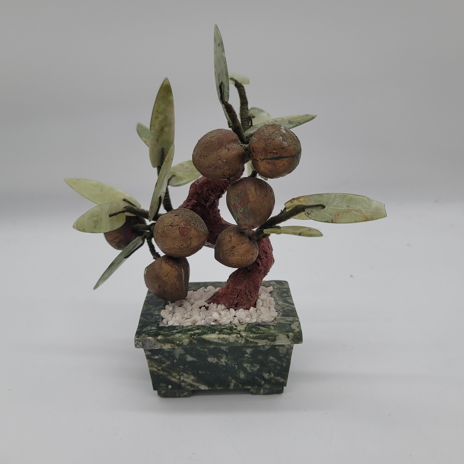 Vintage Chinese Carved Gemstone Fruit Tree Quartz Jade Leaves Bonsai Lucky 7