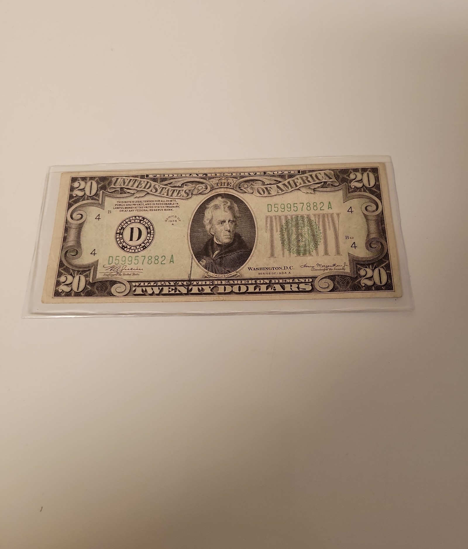 1934A federal reserve twenty dollar bill.