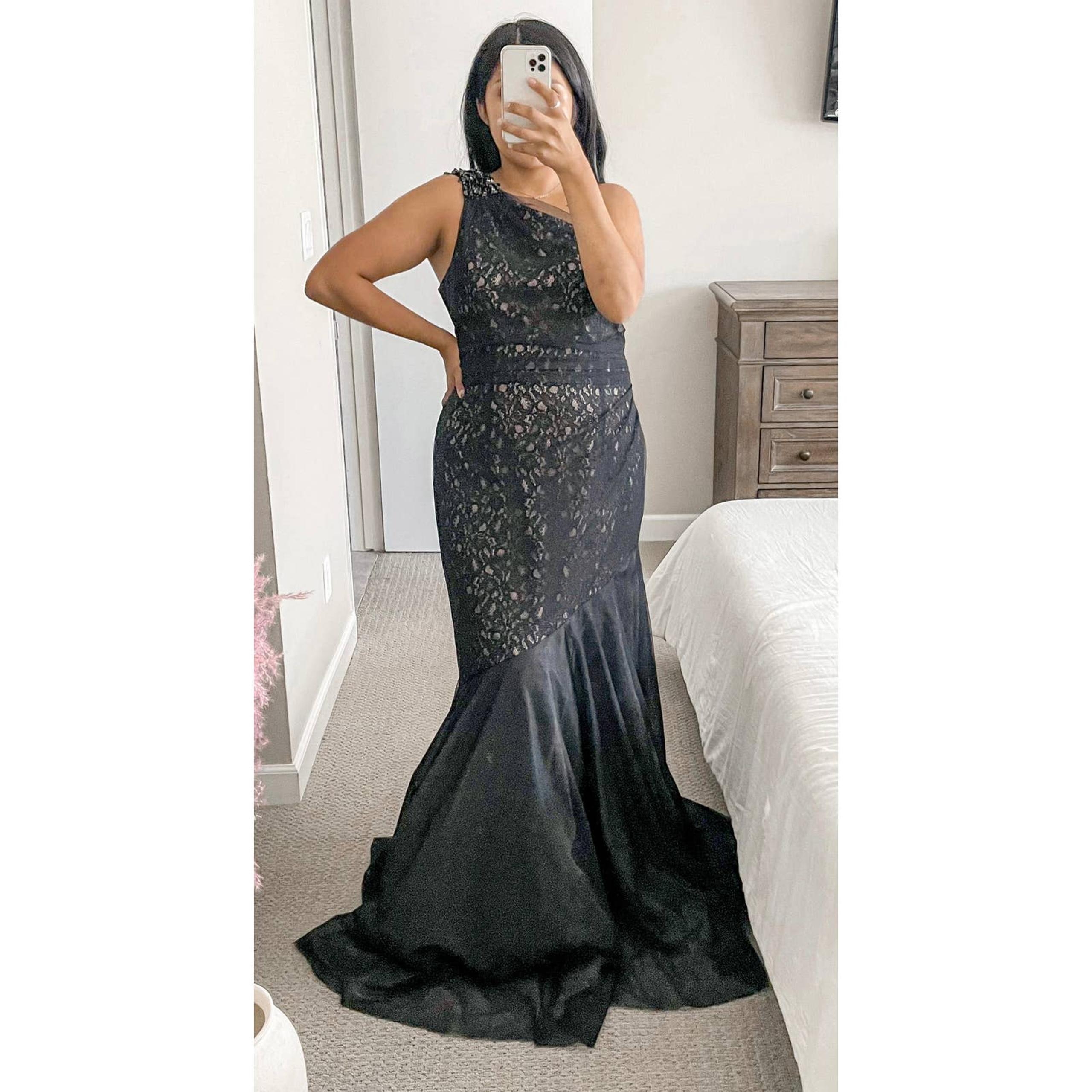 Rickie Freeman For Teri Jon Women's One Shoulder Lace Overlay Maxi Gown In Black