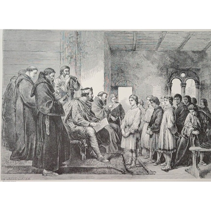 KING ALFRED THE GREAR VISITING A MONASTERY SCHOOL Art by Benziger 1894 Print