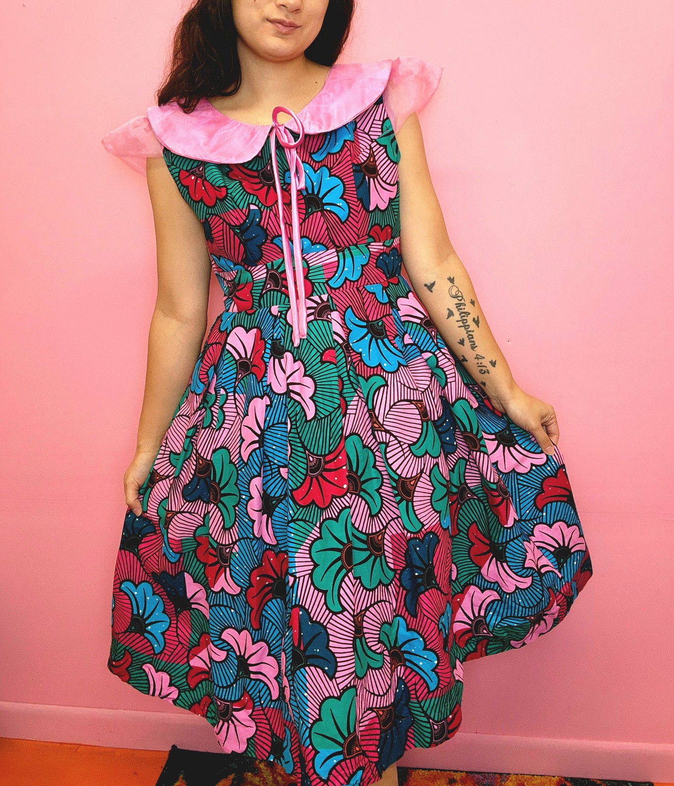 Retro / Vintage Inspired Handmade African Wax Print Pink and Blue Bubble Dress