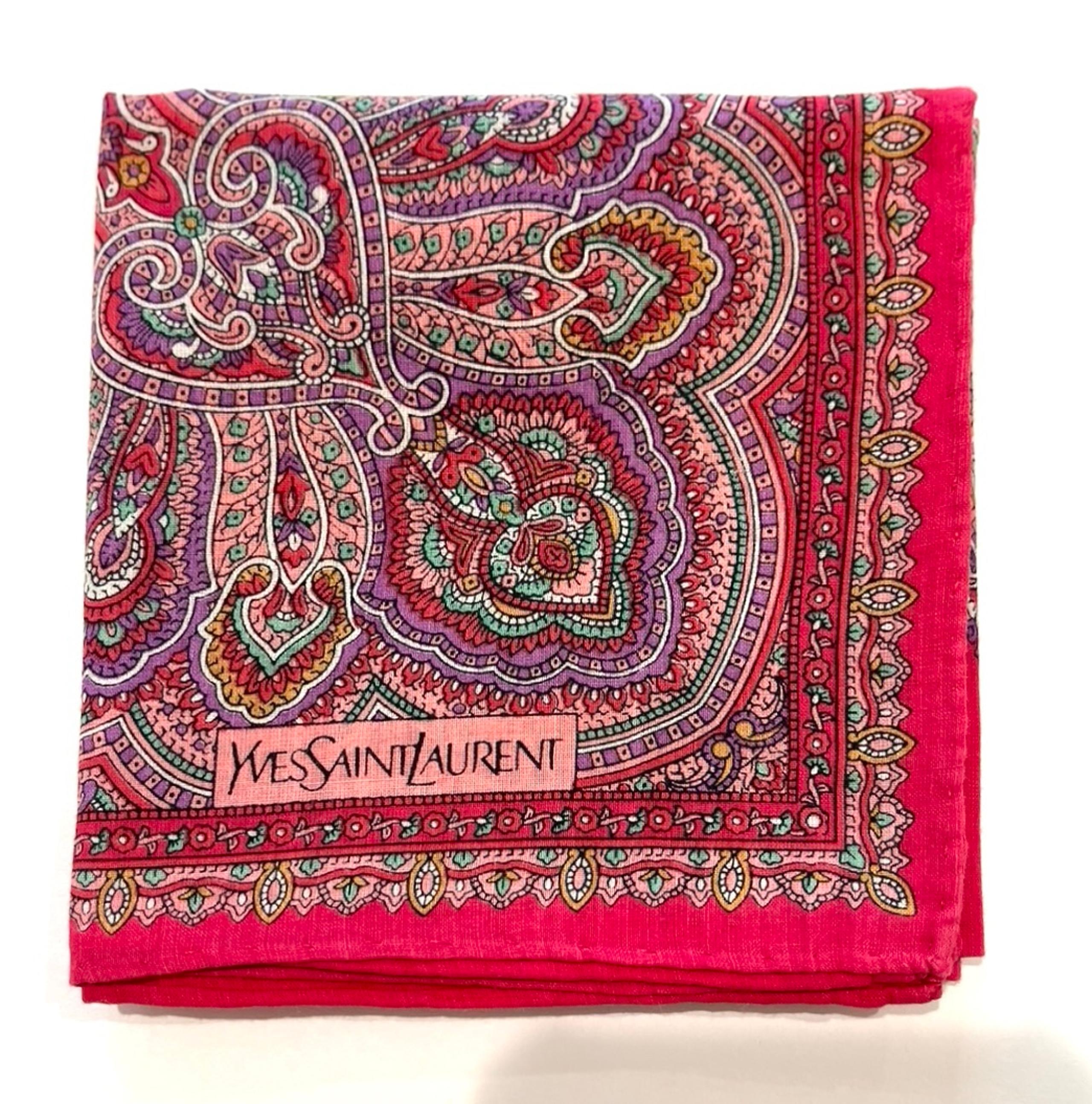 WOMEN HANDKERCHIEF YSL PAISLEY PINK RED COTTON POCKET SQUARE 18”