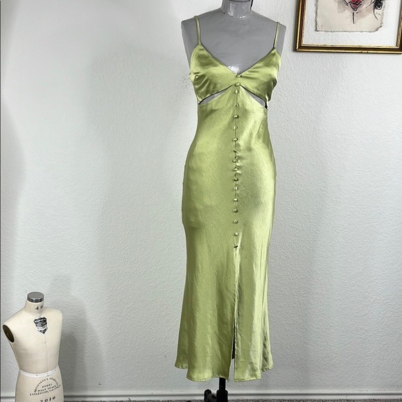 REVOLVE Blosson Cut Out V Neck Covered Button Slit Green Satin Slip Dress