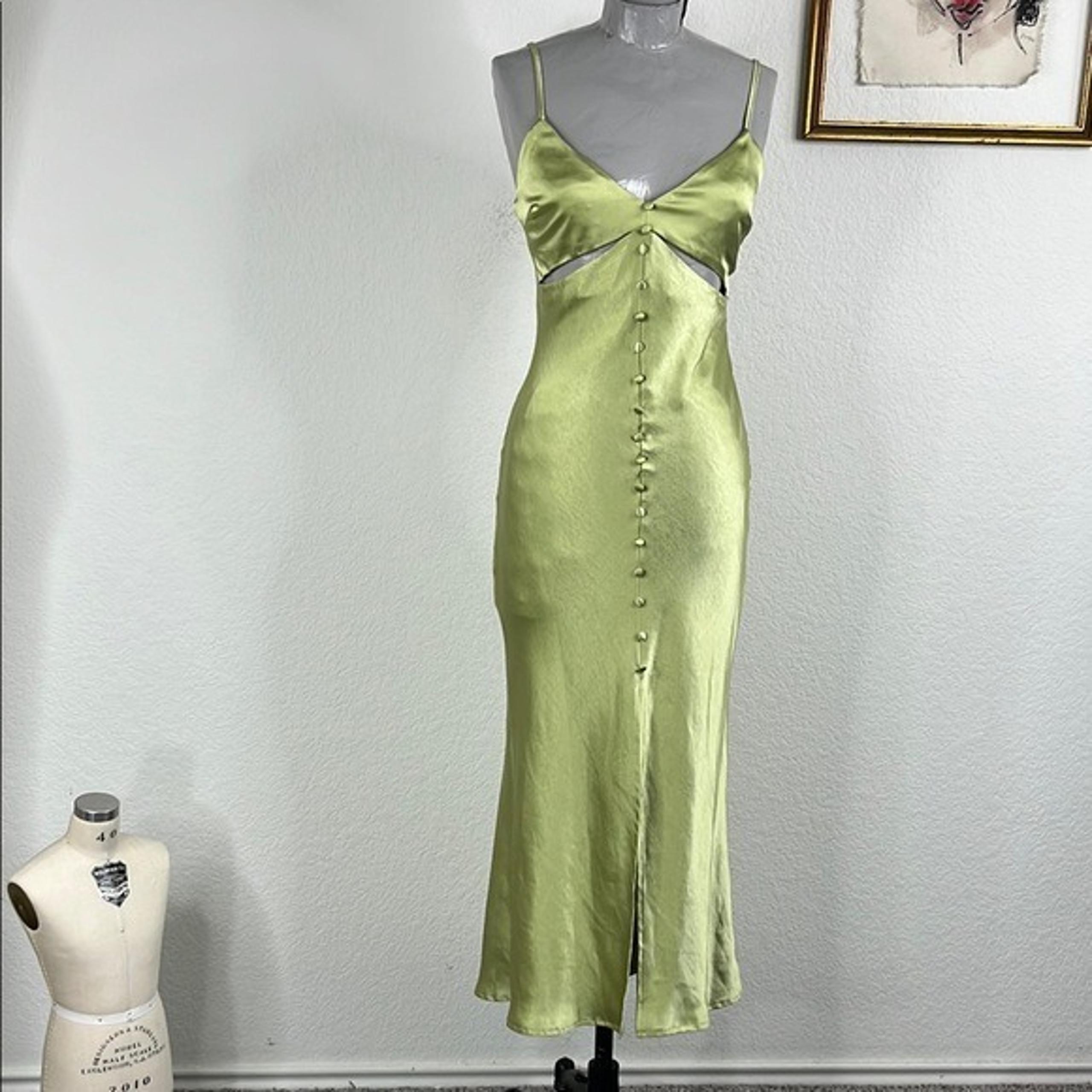 REVOLVE Blosson Cut Out V Neck Covered Button Slit Green Satin Slip Dress