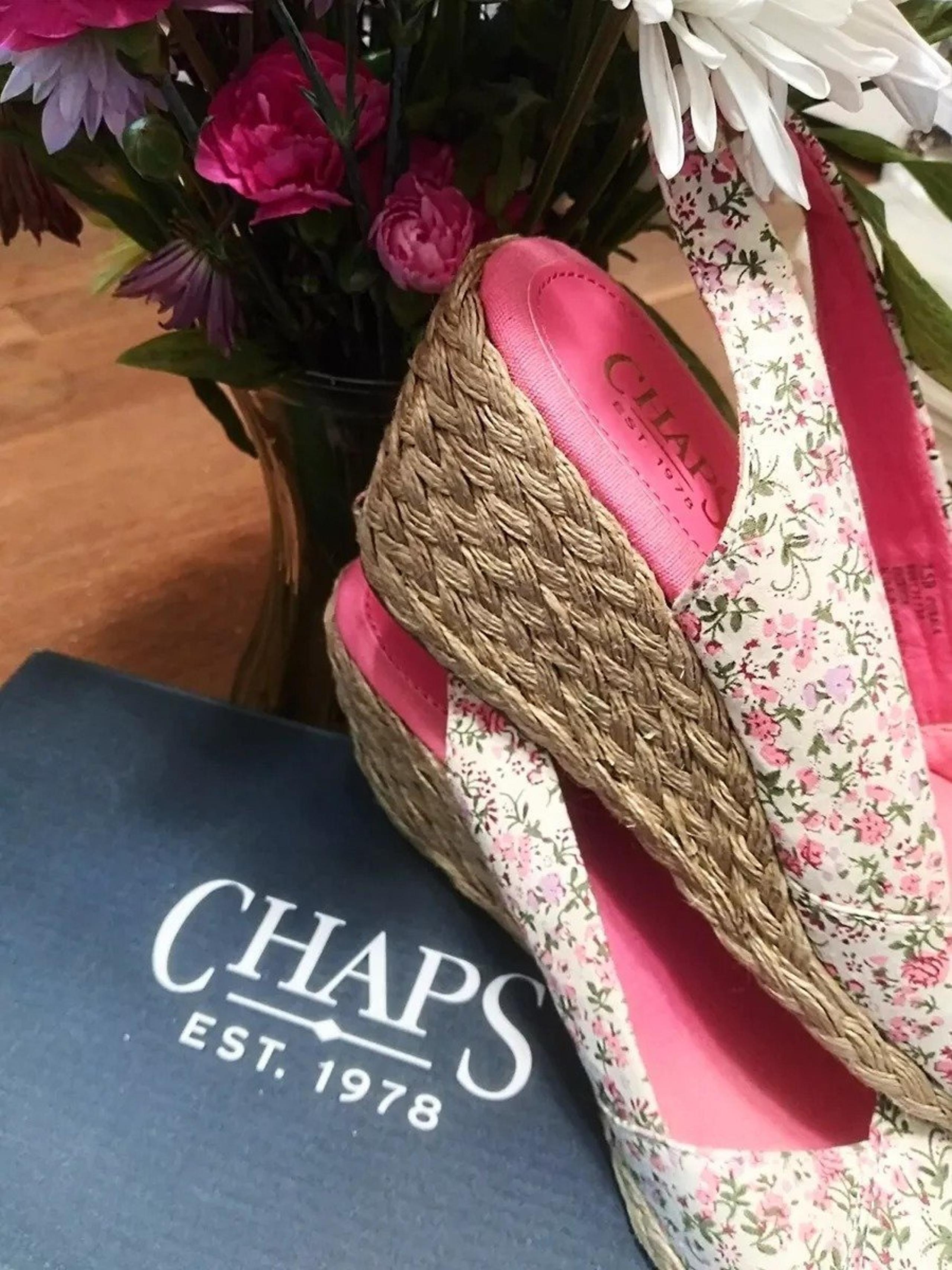VINTAGE RALPH LAUREN CHAPS PINK FLORAL PEEP-TOE ESPADRILLE WEDGE SANDAL SIZE 7.5
