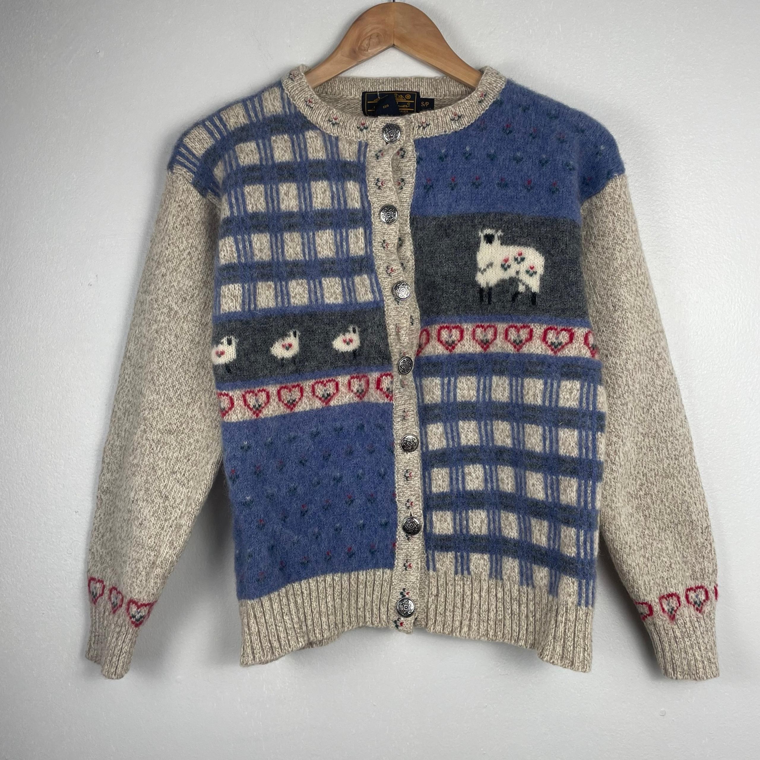 VTG 90's Eddie Bauer Wool Cardigan Novelty Sheep Farm S Cottage Prairie Grandma