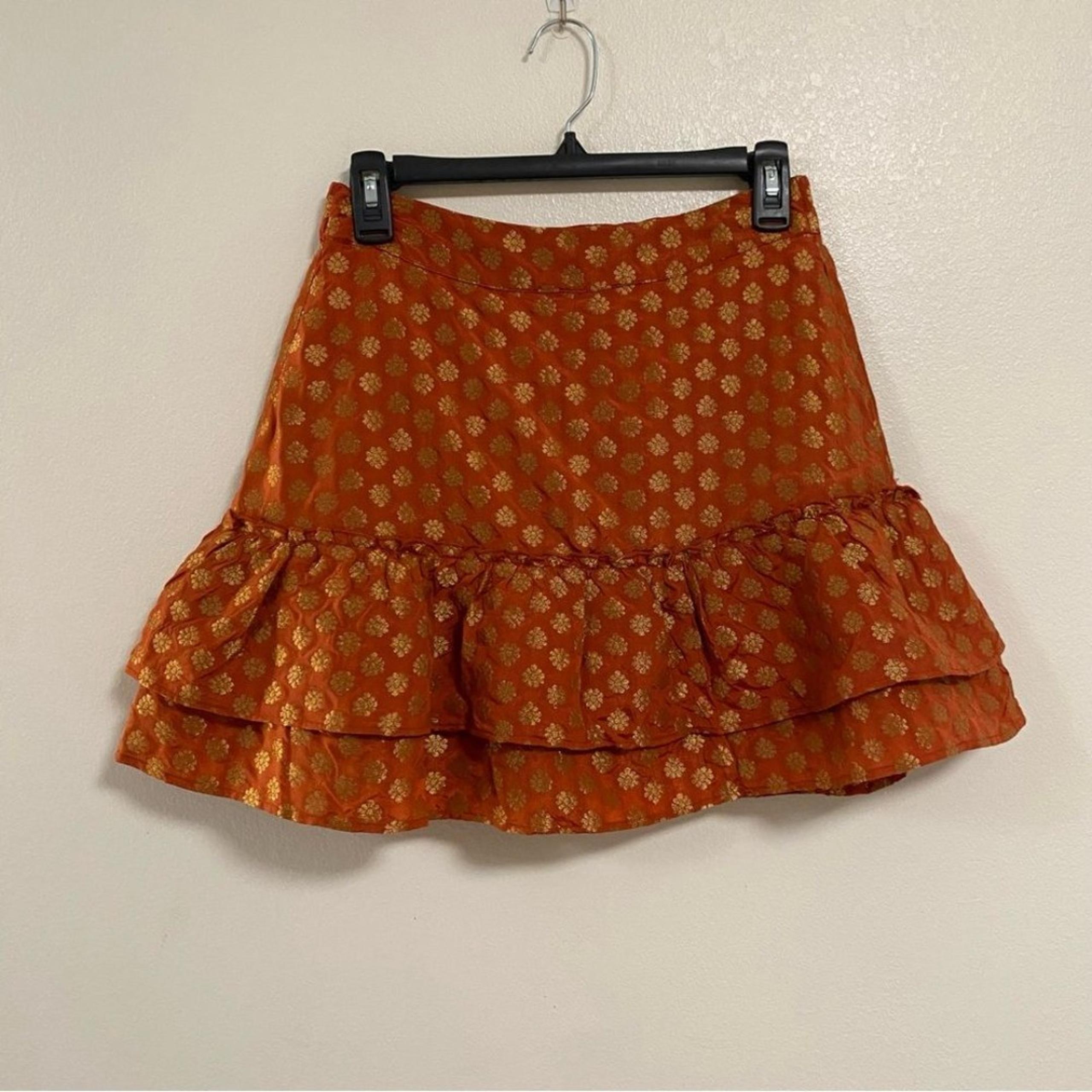 THML Ruffle Mini Skirt Burnt Orange Metallic Gold all over detail Size XS