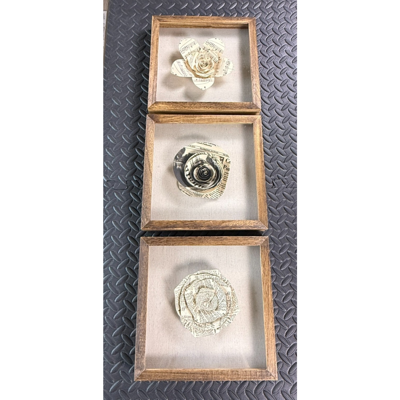 Set of 3 - 3D Art Framed Newspaper Origami Wooden Finished Frame 10.75x10.75x1.5