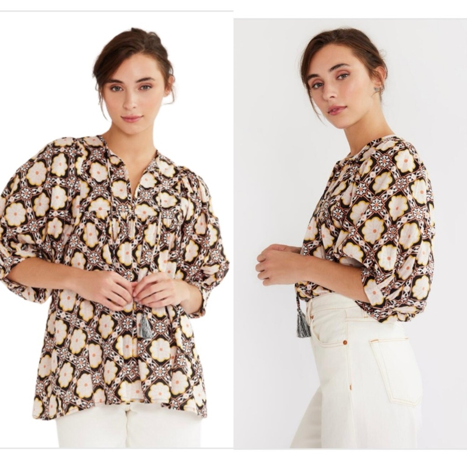 Mille Black Pink Yellow Floral Cotton Puff Sleeve Tassel Thalia Top Medium
