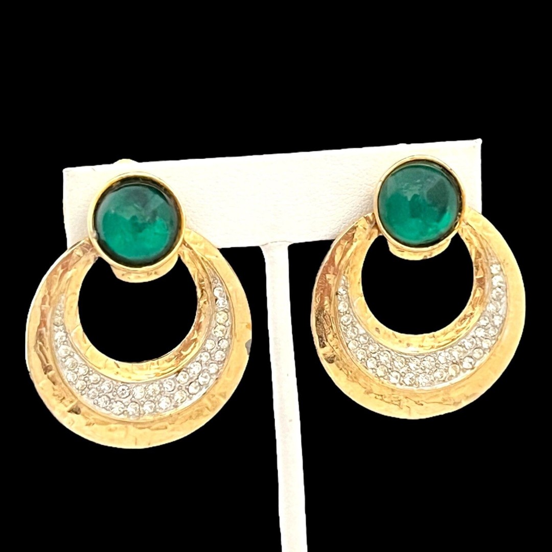 Vintage Earrings Door Knocker Gripoix Style Green Glass Cabochons Gold Tone 9M