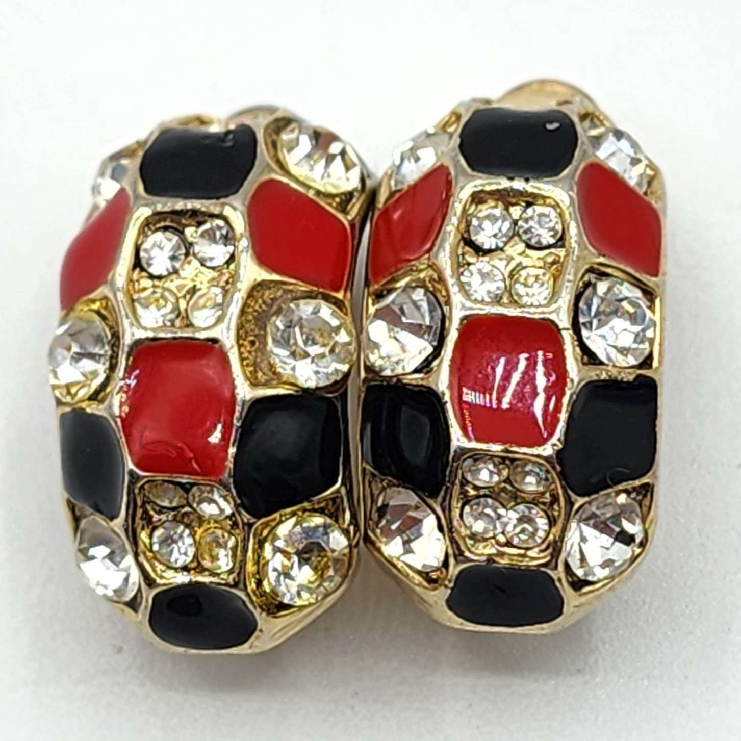Vintage Red & Black Enamel With Rhinestones Checkered Clip-On Earrings