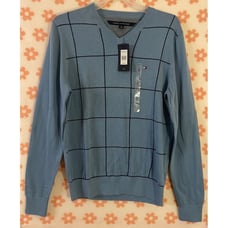 Tommy Hilfiger Men's V-Neck Sweater Blue Windowpane Check Pattern size Small