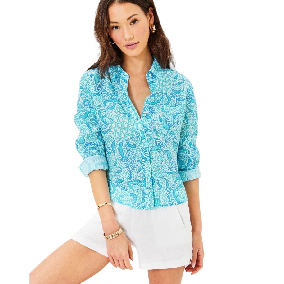 Lilly Pulitzer Coralynn Button Down Shirt in Resort White Goombay Grooves S