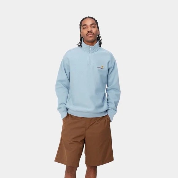 CARHARTT WIP Half Zip American Script Sweatshirt in Frosted Blue