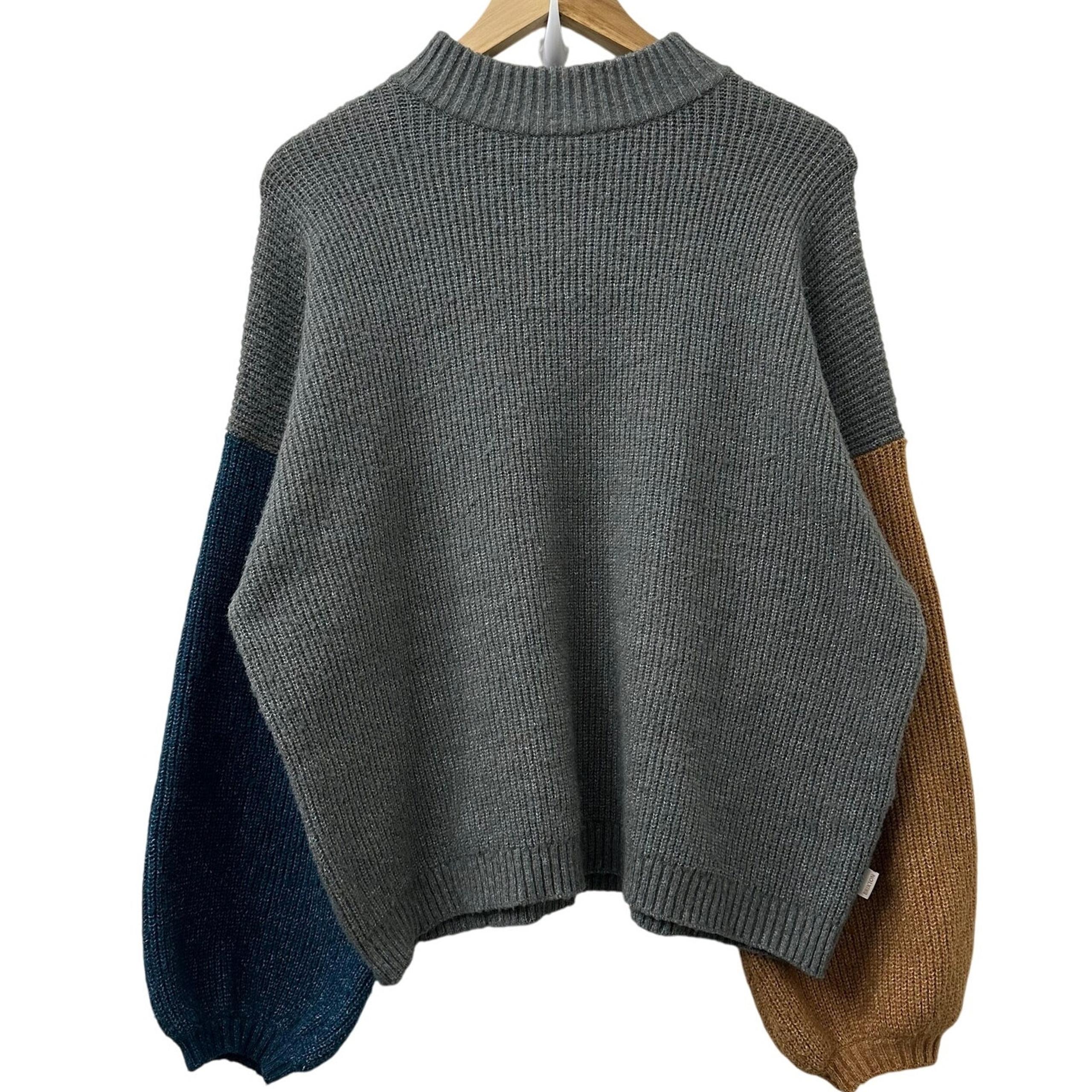 Brixton L Colorblock Knit Sweater Boxy Balloon Sleeve Cozy Soft Grunge Fall $98