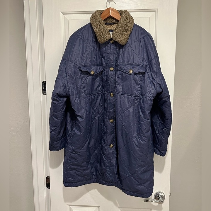 Aerie Women's Quilted Puffer Sherpa Collar and Lined Longline Coat, Navy XL