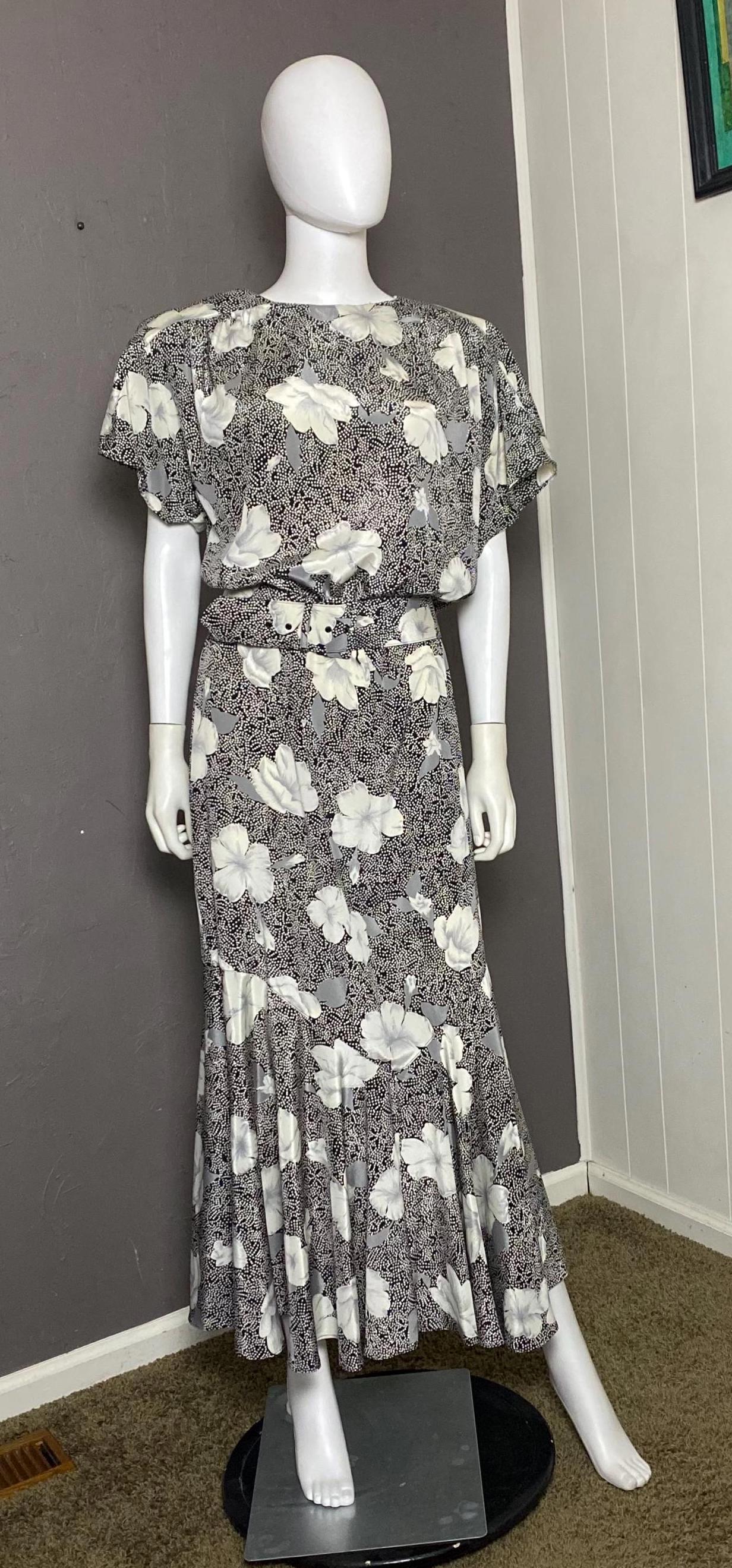 1980's does 1940's Silky Floral Midi Dress with Belt from E.D. Michaels L/XL