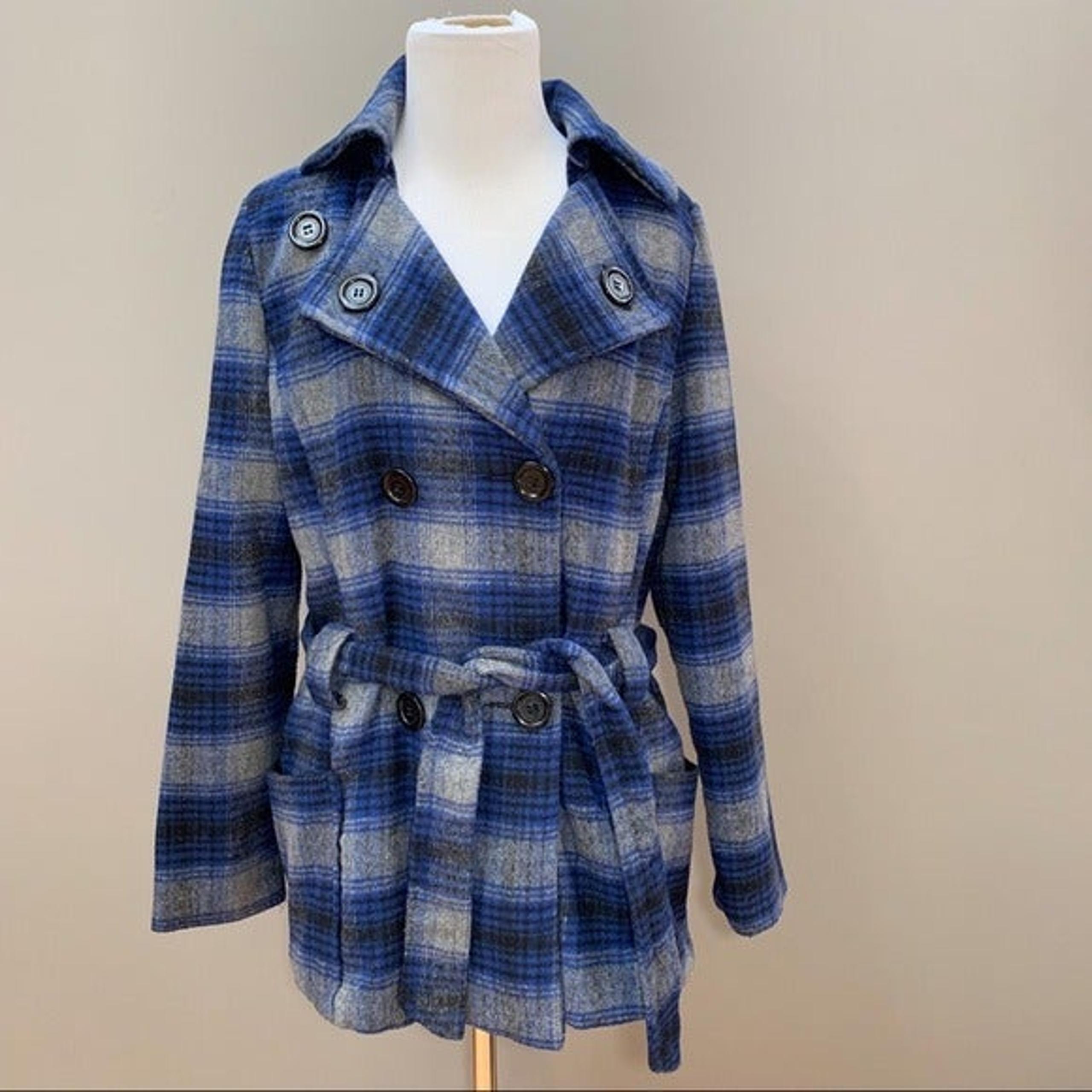 JOU JOU Blue Plaid Pea Coat