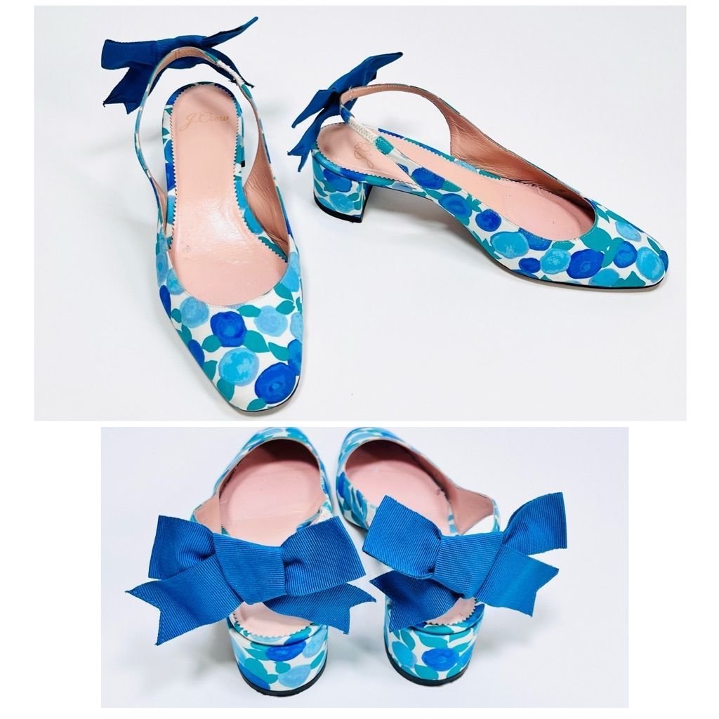 Women's J.Crew Aqua Blue Turquoise Floral Print Bow Slingback Heels