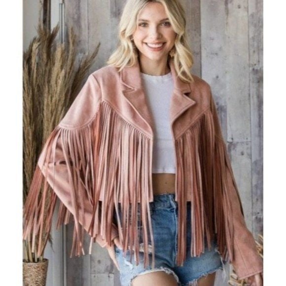 VEVERET Fringe Jacket Mauve Faux Suede Moto Western Rodeo Bolero NWT Small