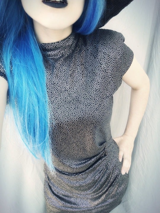 1980s Luxury Glam Black Starry Dot High-Neck Draped Midi Dress | Black & Silver