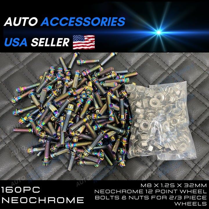 160pcs M8 x 1.25 x 32mm NeoChrome 12 Point Wheel Bolts & Nuts for 2/3 piece whee