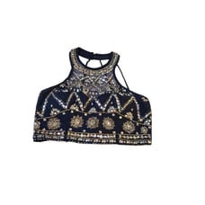 B.Darlin Juniors' BLUE HALTER NECK RHINESTONE BEADED CROPPED TOP SIZE 5/6 Vegas