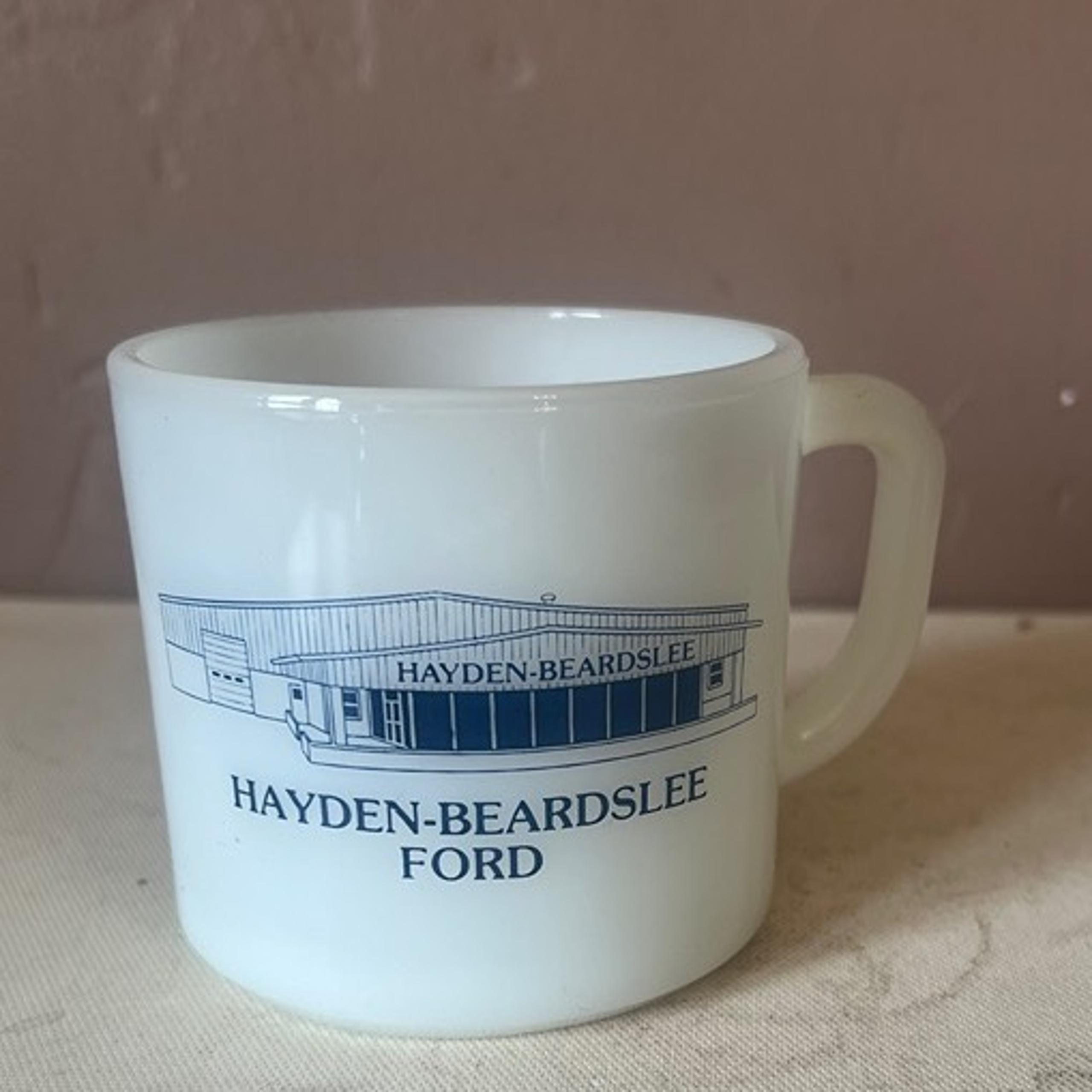 Anchor-Hocking White Milk Glass Advertising Coffee Mug~Hayden-Beardslee Ford