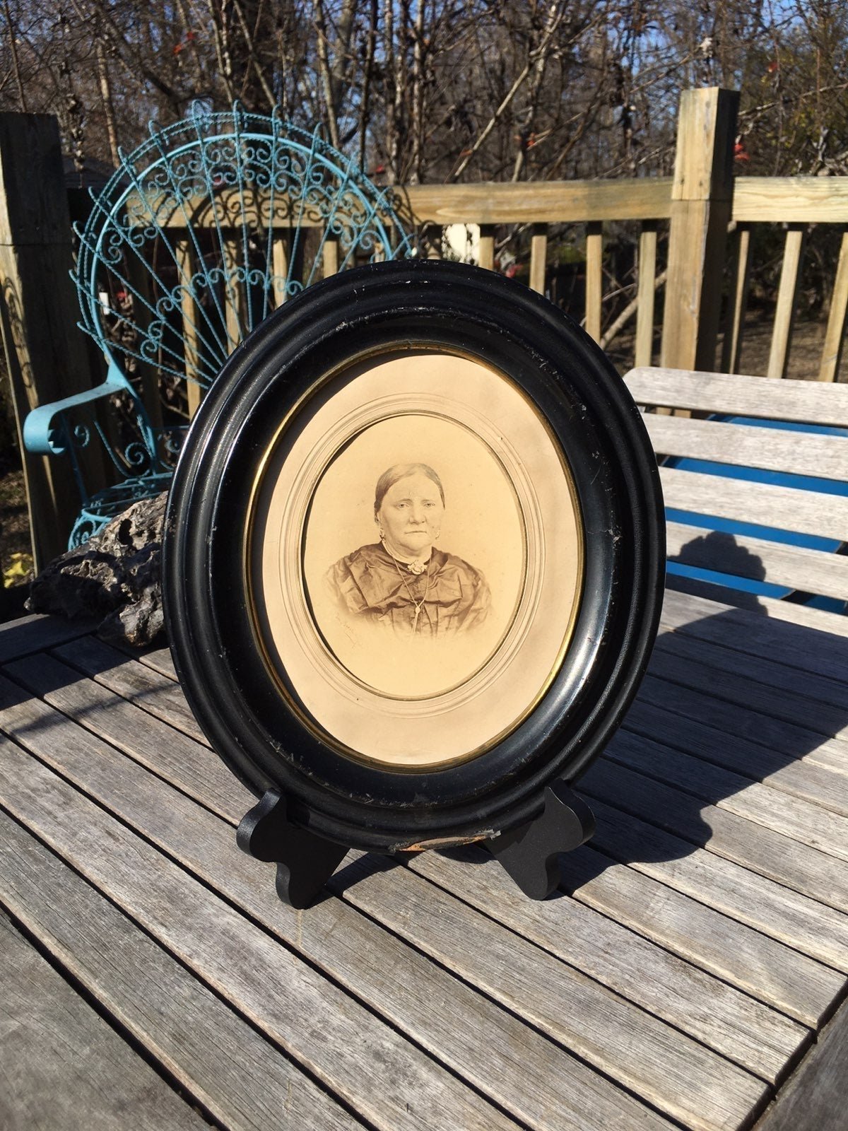 Antique Oval Picture Frame with Matted Black and White Photograph Wood and Gesso