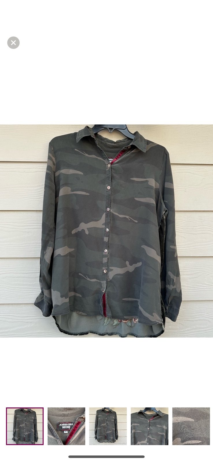 Johnny Was Workshop Velvet Floral Embroidered Back Button Down Silk Camo Top
