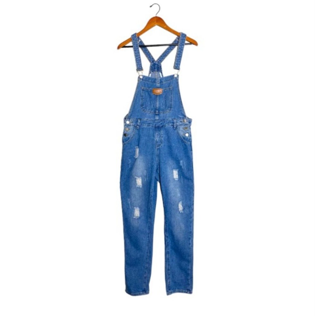 Vintage Y2K Straight Leg Medium Blue Denim Wash Distressed Bib Overalls