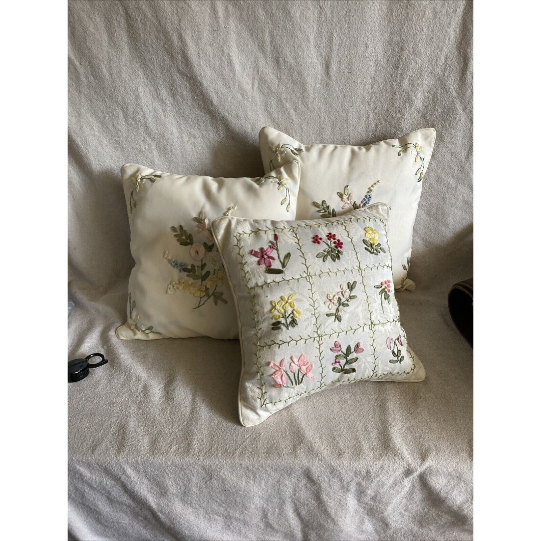 3 Beautiful Ribbon Embroidered THROW PILLOWS on Beige Damask & 2 Satiny Handmade