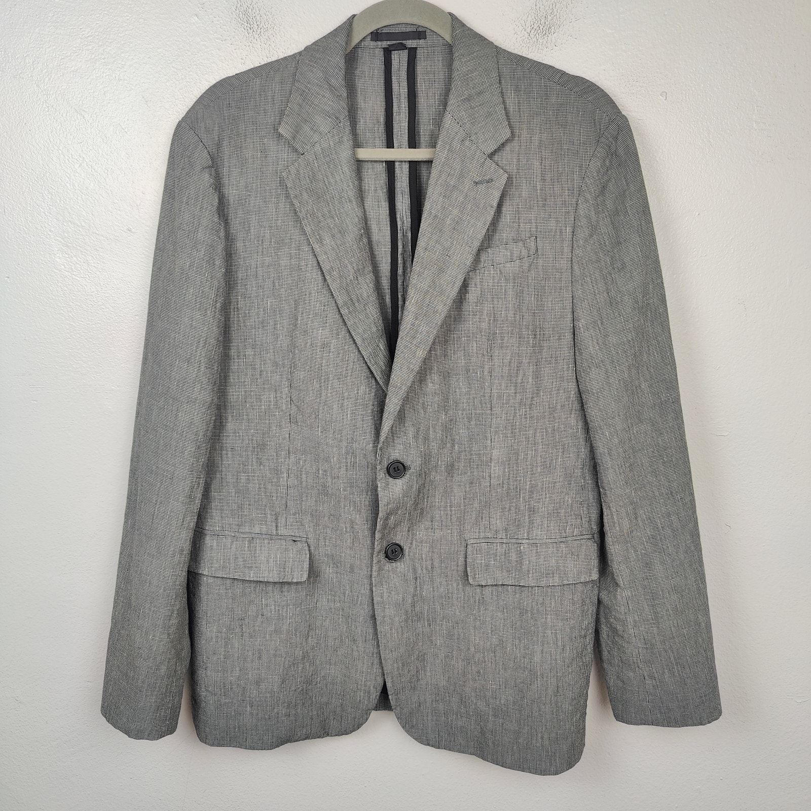 AllSaints Chiltern Blazer Men 38 Gray Mini Houndstooth Cotton Linen Unstructured