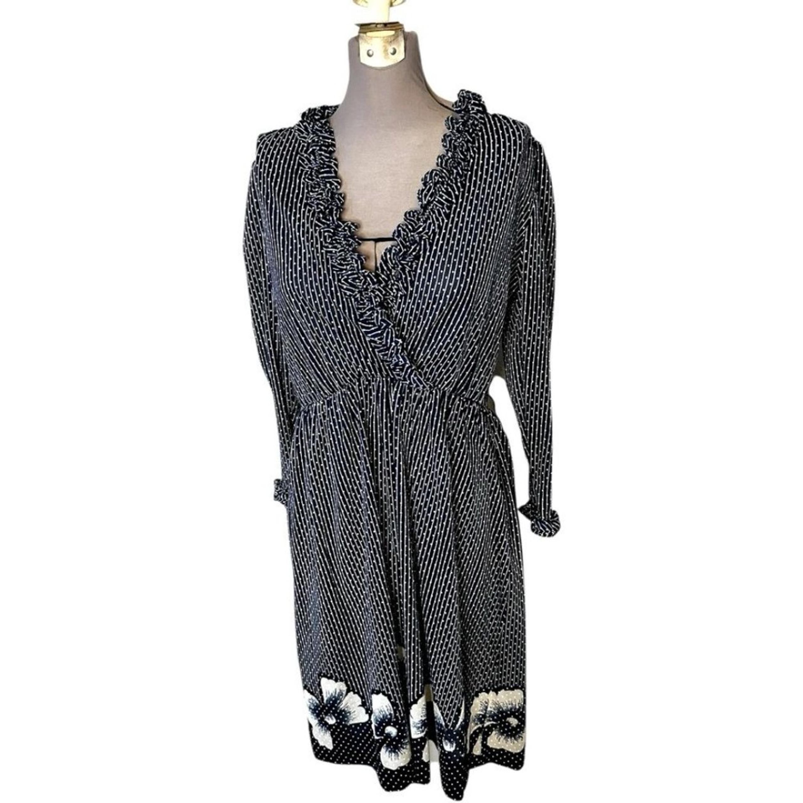 Vintage 60s Navy Polka Dot Dress Ruffle Trim Floral Hem Union Made Cottagecore L