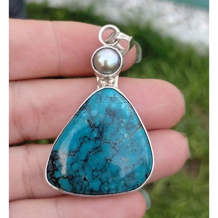 Large 925 Sterling silver Turquoise and Pearl Statement Pendant