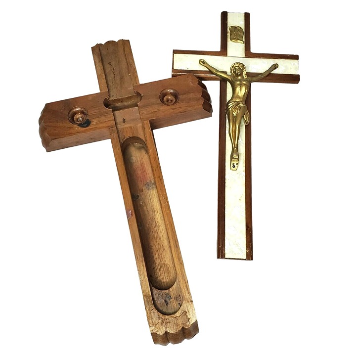 Vintage Catholic Wooden/Marble Rare Crucifix Cross With Hidden Compartment Wall