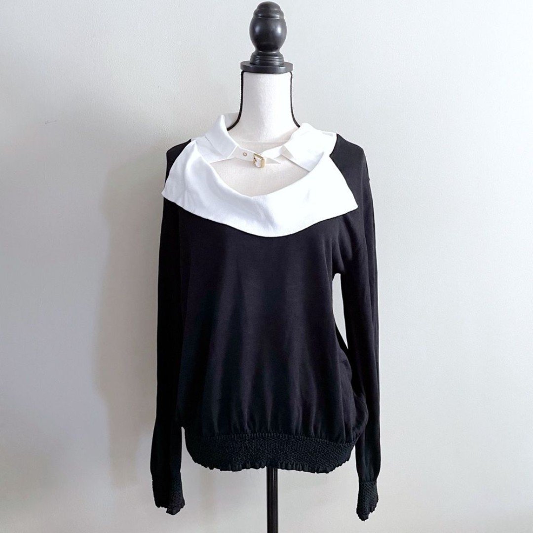 Escada Knit Top Cut-out Buckle Neck Long Sleeves Black White, Size 42 (US L)