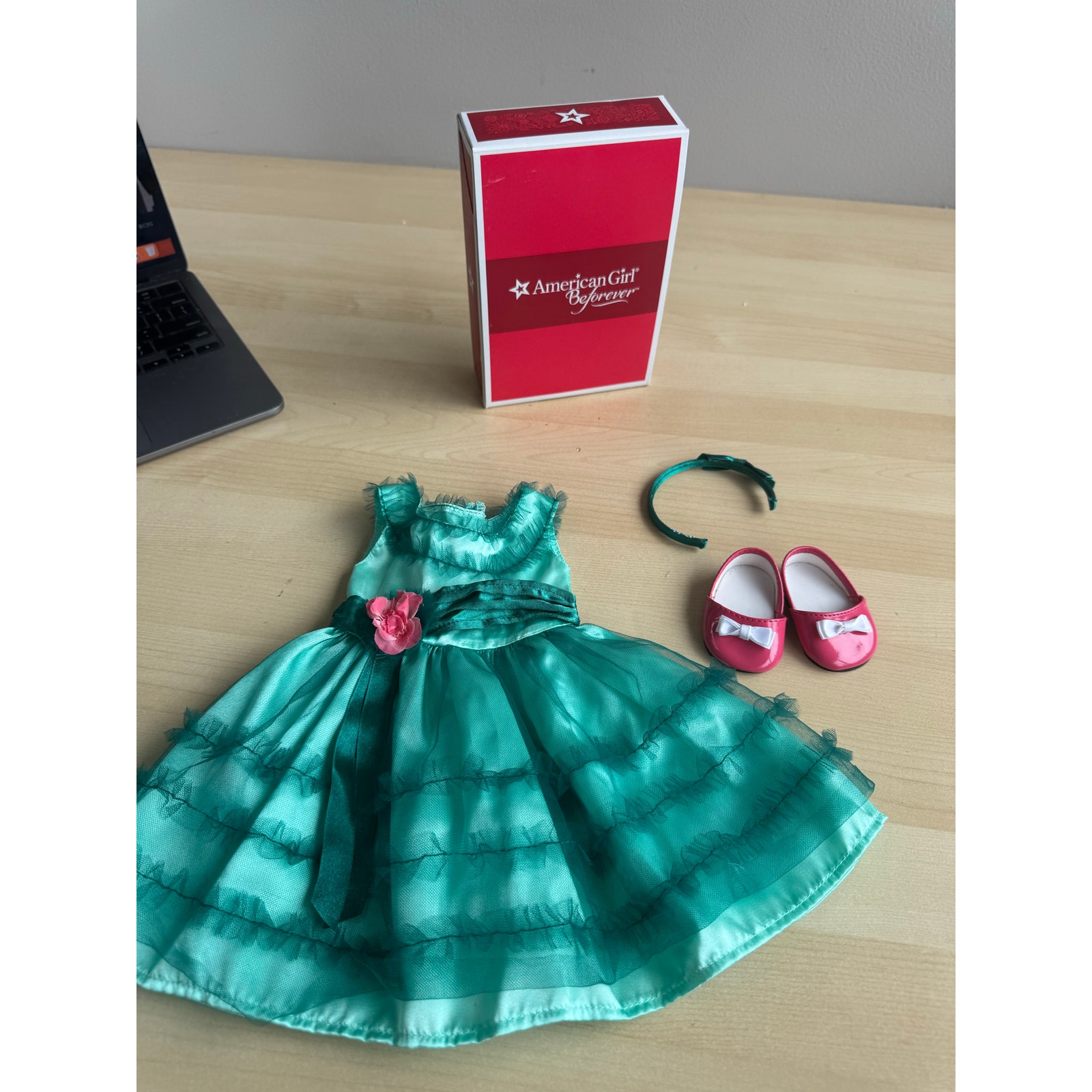 Box67 American girl doll Maryellen birthday outfit green dress