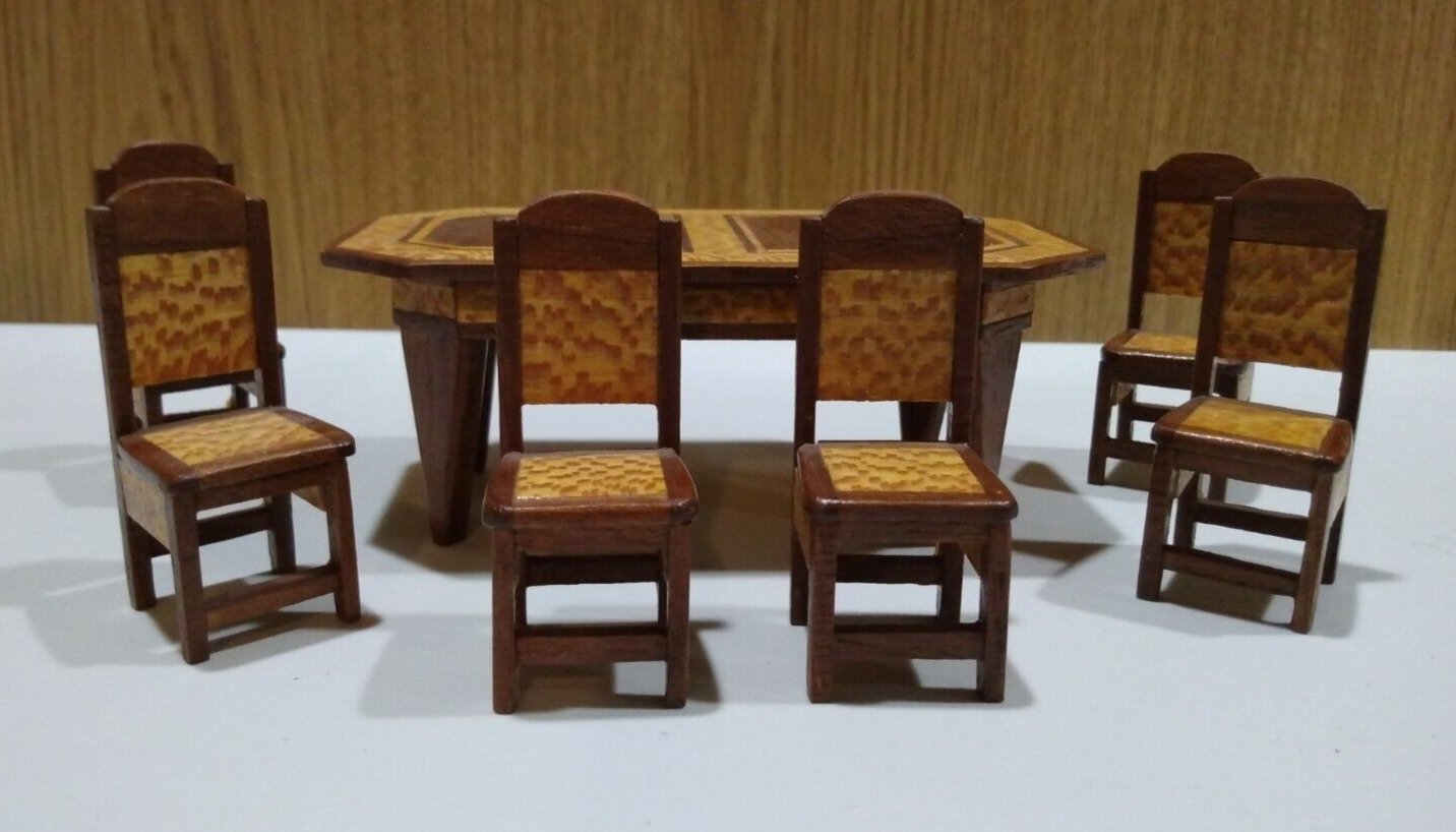Dollhouse: Dining Room Table and 6 Chairs Two Tone Wood Pre-owned 1:12 Brown