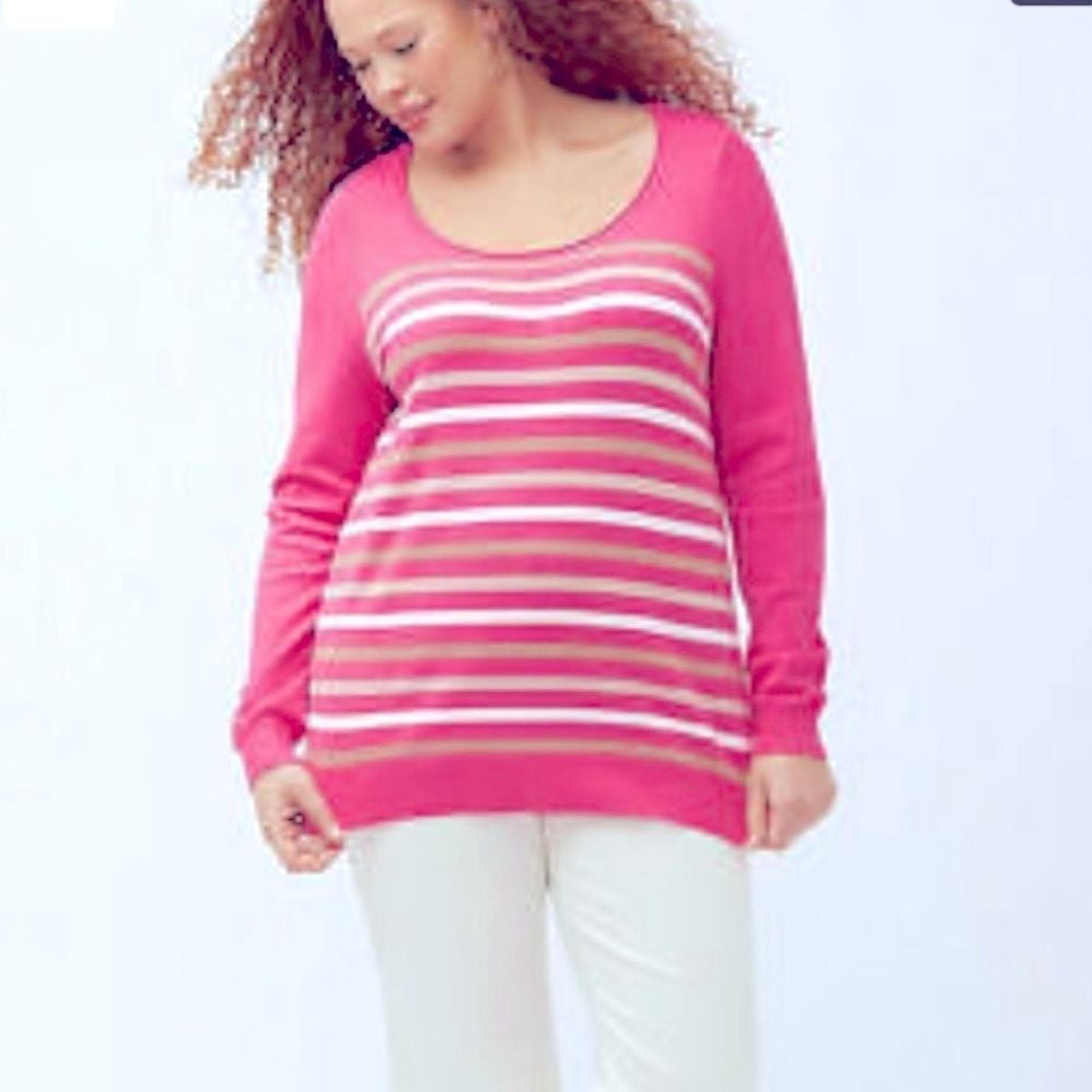 Lane Bryant rolled scoop neck striped sweater fuchsia pink tan white 14/16 XL