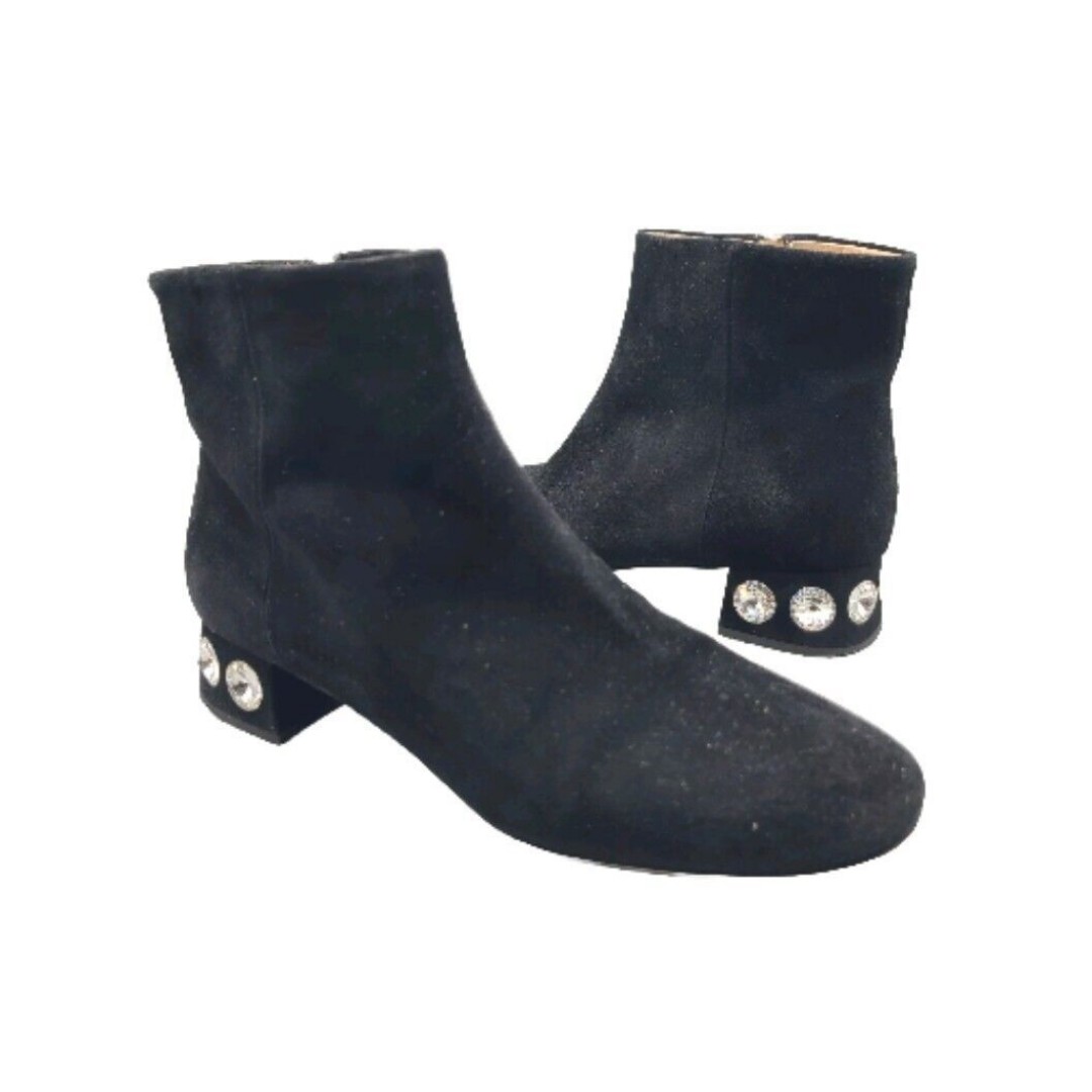 Miu Miu Sz 8 38 Crystal Embellished Black Suede Ankle Booties Zipper Shaped Heel